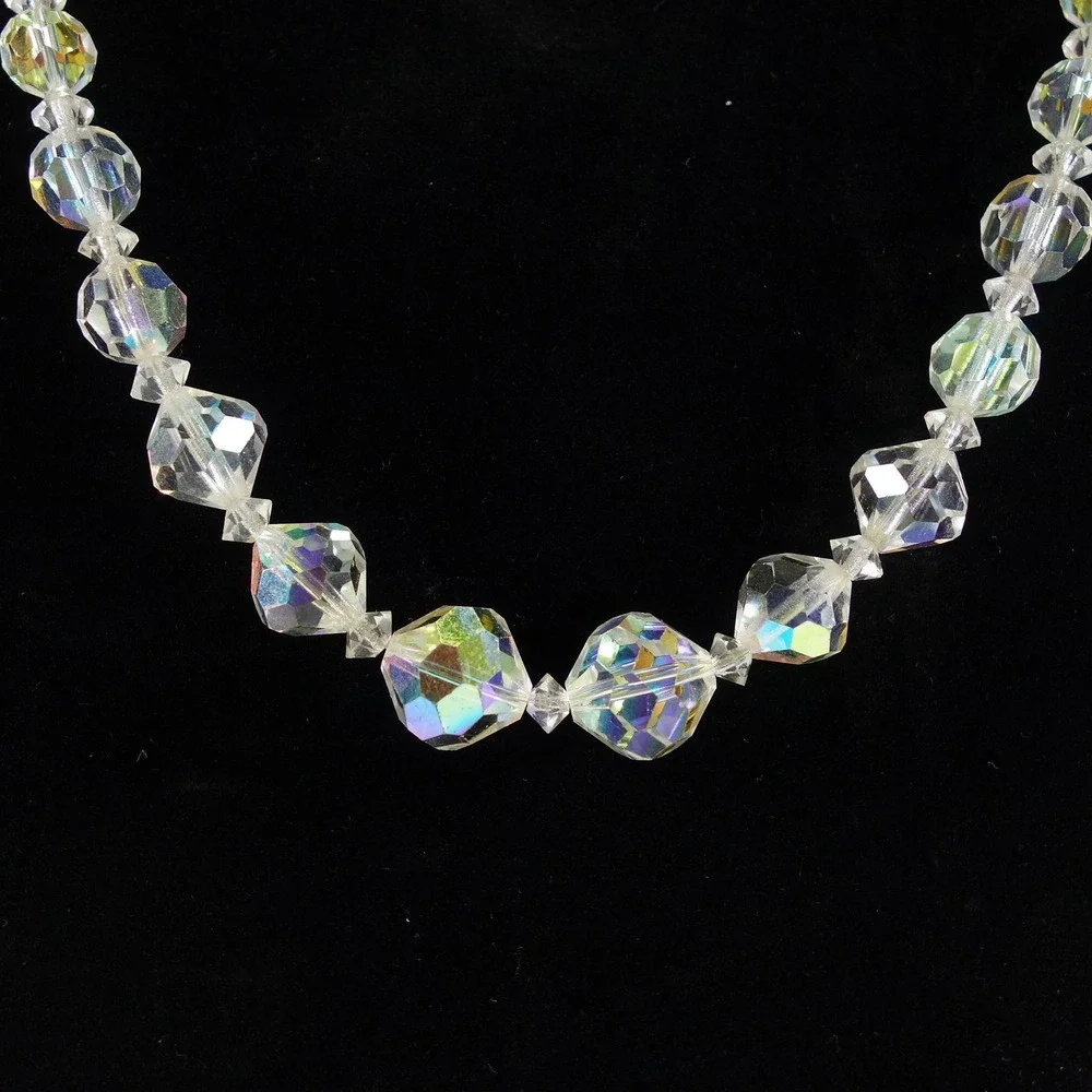 Vintage Aurora Borealis Crystal Graduated Beaded Necklace 20 Inch Clear AB